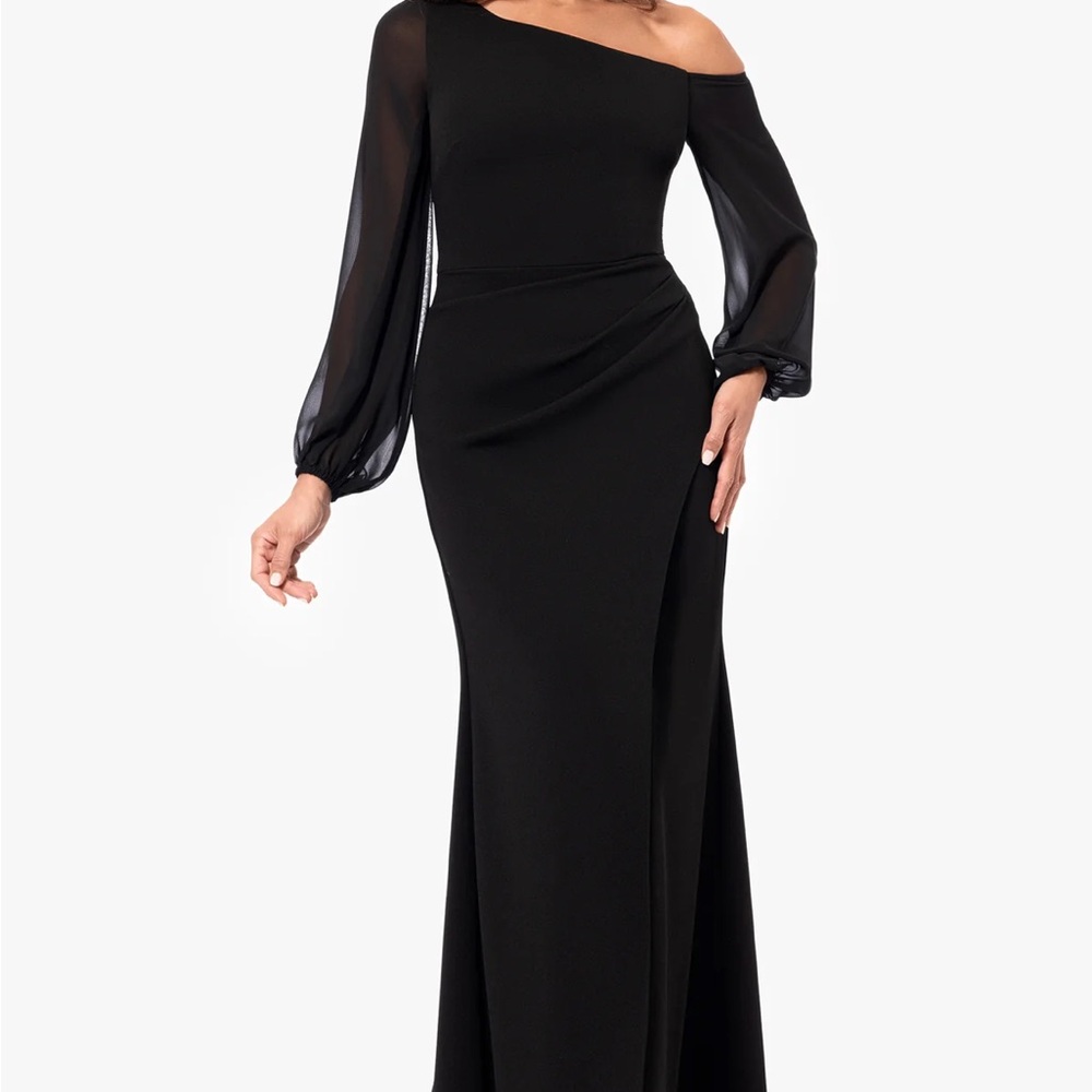 Betsy & Adam Black One-Shoulder Gown with Sheer Long Sleeve